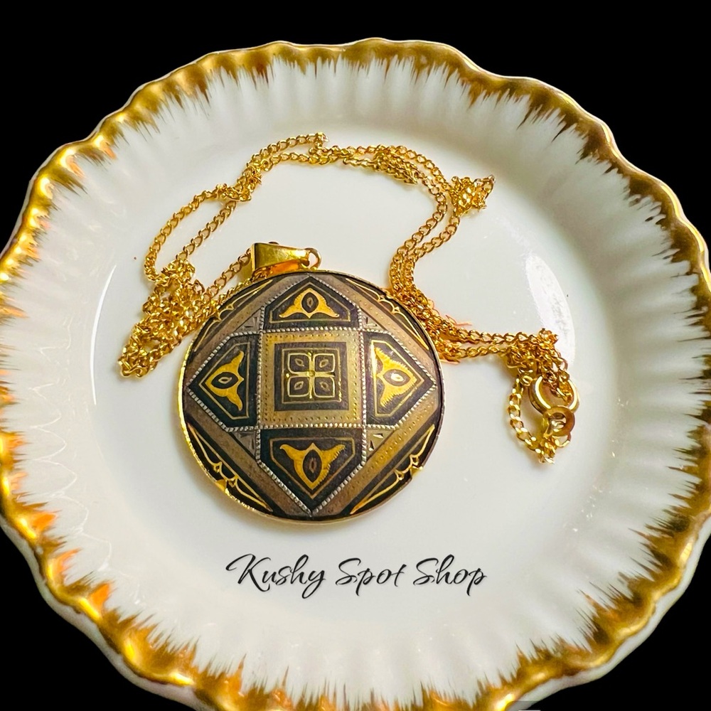 Sold⚜️1950’s Antique Damascene Spanish 🇪🇸Toledo Geometric  Gold/Black Necklace